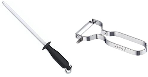 Arcos Serie Chairas, Chaira Afilador manual de cuchillos, Cuerpo de Acero al Carbono Cromado de 230 mm + Gadgets Profesionales, Pelador de Frutas Pelador de Verdura, Acero Inoxidable Cromado