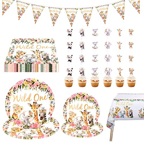 75 Pcs Wild One Birthday Decorations Jungle Theme Party Tableware Decorations with Paper Plates Napkins Tablecloth Cupcake Toppers Pennant Banner Flag for Baby Shower Decorations Boy
