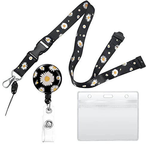 Retractable Lanyard Neck Strap with Retractable Badge Reel and ID Card Badge Holders, Name Badge Holders with Lanyards for Neck Business Office Exhibition School - Daisy