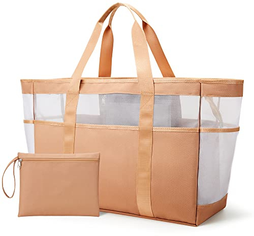KALIDI Mesh Strandtasche XXL Familie, Strandtasche mit Reißverschluss Shopper Damen Groß Badetasche, Beach Bag Einkaufstaschen für Reisen Einkaufen und Alltag