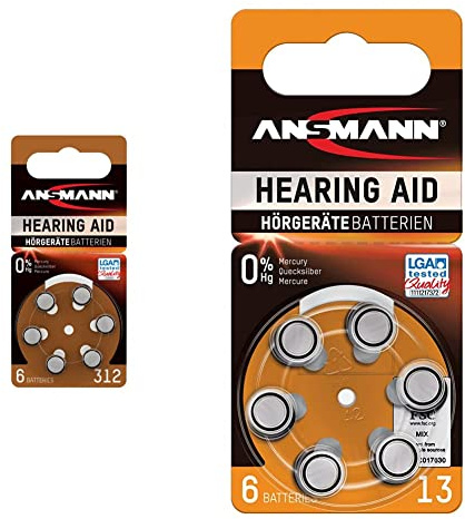 Ansmann Hearing Aid Batteries [Pack of 6] Size 312 Brown Zinc Air Hearing-Aid Suitable for Hearing Aids & 5013243 Hearing Aid Batteries [Pack of 6] Size 13 Orange Zinc Air Hearing-Aid