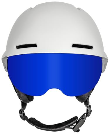 HYSTERESIS Casque H-Shock avec visière Casque de ski et Snowboard avec visière | Couleur : blanc | Lentille bleue effet miroir | Taille : L | Taille de la tête : 58-61 cm | 100% Anti-buée et