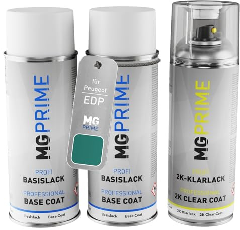 MG PRIME Autolack Spraydosen für Peugeot EDP Bleu Obsession Metallic +2K | Feng Rui Lan, Set aus Grundlack + Basislack + 2K Klarlack, Sprühdosen 400ml