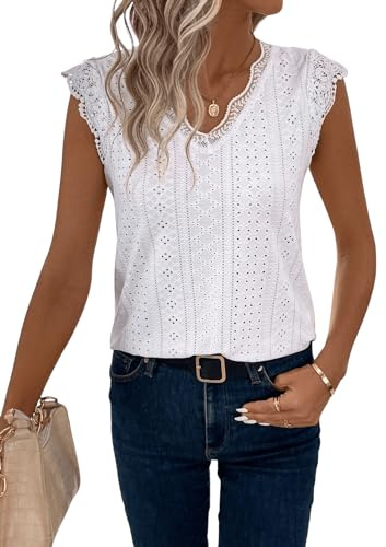 GORGLITTER Spetströja damer, elegant sommarskjorta med spets, traditionell blus, spets, toppar, traditionell skjorta, spetstopp med V-ringning, Vit, L