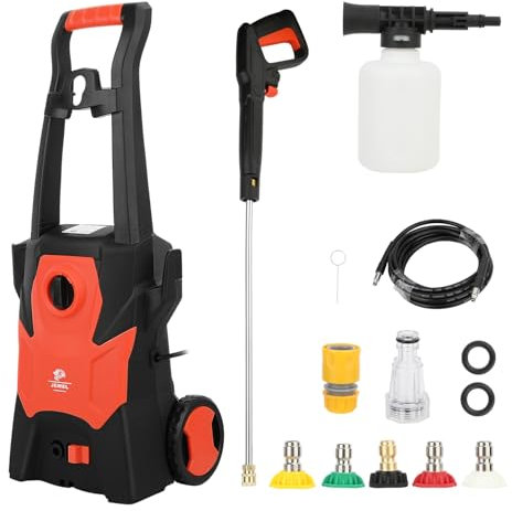 Shienfir Akku Hochdruckreiniger, mit 6-in-1 Multi-Sprühdüse,180W 40BAR Mobiler Hochdruckreiniger mit 2 Batterien 1 Ladegerät, für Zaun/Boden/Gemüse/Auto Waschen/Garten/Teppichreinigen Rot