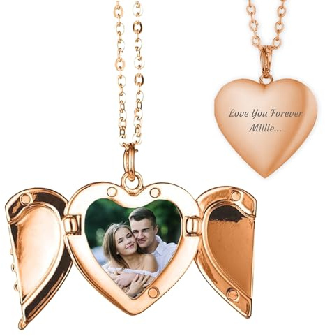 Personalised Heart Locket Necklace with Engraved Text and Photo Insert – Customised Jewellery Gift for Women and Girls