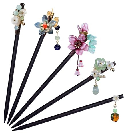 5 stycken vintage hårpinnar trä hårpinnar damer hårnål dekorerad med blommor och tofsar, retro hårklämmor kinesiska hårpinnar, kvinnor flickor hårtillbehör