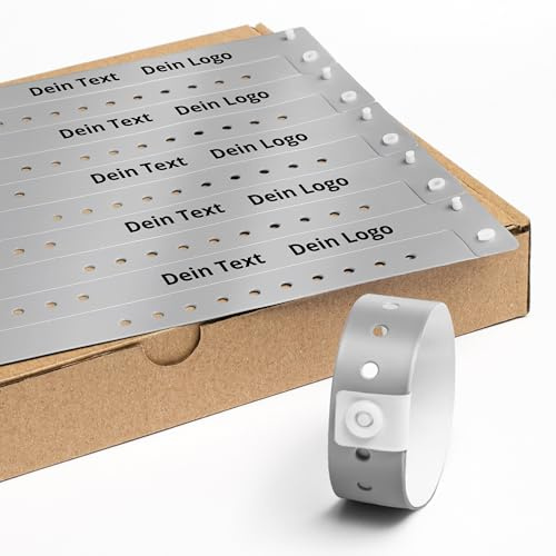 Personalisierbar Einlassbänder Vinyl 1000 Stück - 19x255 mm Silber | Events und Party Eintrittsbänder mit Personalisierten Text/Logo - Wasserdicht Festival Armbänder - Club Bänder