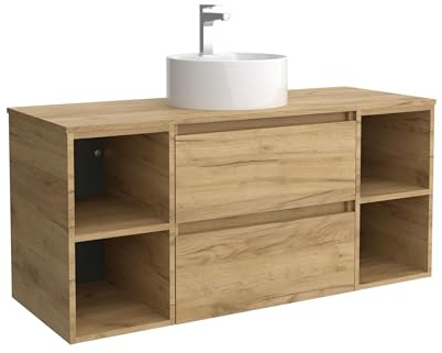 Mueble de Baño Bequia Plus 120 cm 2 cajones y 2 coquetas Laterales 2 Huecos Roble con Lavabo sobre encimera