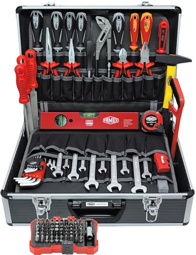 FAMEX 449-93 Cassetta degli attrezzi in valigetta di alluminio, set di attrezzi universale, set di attrezzi, 56 scomparti per pinze, cacciaviti, chiavi combinate e molto altro ancora.