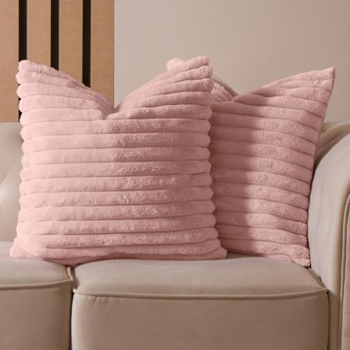 OHS Blush Pink Cushions Ribbed Faux Fur, Decorative Throw Pillows for Sofa Cushions Living Room Lounger Cushion Cover Smooth Soft Comfy Home Decor, Pack of 2 - Pink