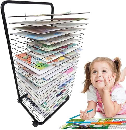 FLTRGO Kunsttrocknungsregal, Flexible Regale, Mobiles, Solides Metall, Mit Strom Beschichtetes Design, Klassenzimmer Kunststudio Hausmalerei Trockenstange Für Kinder