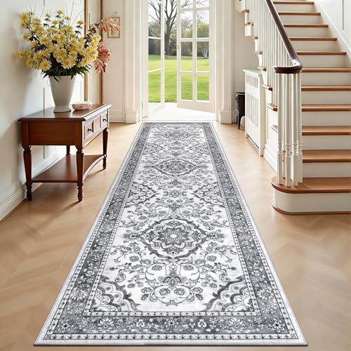 Enyhom Teppich Läufer Flur 80 x 300cm Hochwertig rutschfest Läufer Küche Traditioneller Langer Teppichläufer Waschbar Retro Weich Schlafzimmer Läufer für Büro Korridor, Grau