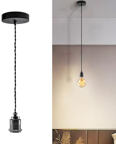 JZCDR 1 Flamming Pendelleuchte Kit Lampenfassung E27 mit 150cm Textilkabel | Keramik Metall Lampenaufhängung E27 mit Schraubring Vintage Hängeleuchte Decken für Küche, Schwarz & Perlschwarz