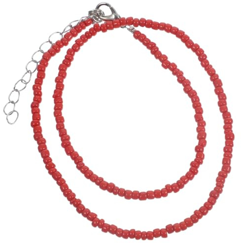 WRITWAA Damen Halskette 40Cm Einzelschicht Rote Reisperlen Bunte Perlenkette Minimalistischer Modeschmuck Für Alltag Strandparty Urlaub