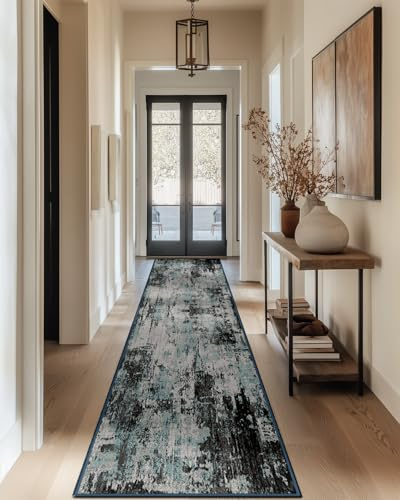 DEFYNEE Rug Runner 60 x 300 cm, Non-Slip Carpet Runner, Short Pile Kitchen Runner, Washable, Foldable, Abstract Design for Entrance, Kitchen, Living Room & Office, Blue/Black