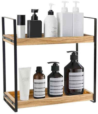 Bathroom Organiser Countertop, 2 Tier Coffee Station Organizer for Vanity | Waterproof Wooden Cosmetic Makeup Storage Shelf, Bathroom Skincare Organiser Counter Shelf, Kitchen Spice Rack
