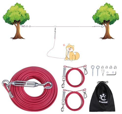PAWCHIE Heavy Duty Dog Tie Out Trolley System, Dog Run Cable Lead 100ft with 20ft Pulley Runner Line for Small Medium and Large Dogs Up to 250lbs Running Outside Yard, Backyard, Camping, Pink
