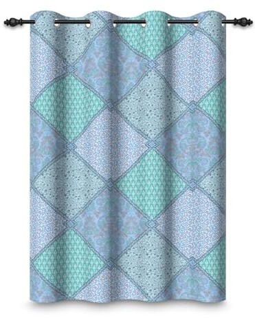 ggaimwf 53x 69 Boho Patchwork Eyelet Curtain Blue Shabby Retro Abstract Check Flower Pattern Insulated Thermal Grommet Blackout Window Drapes for Bedroom Living Room Kitchen,1 Single Panel