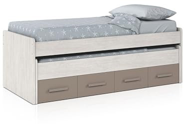 duehome | Cama Nido Juvenil, 2 Camas y 2 cajones, Modelo Axim, Acabado en Color Blanco Alpes y Basalto, Medidas: 198 cm (Ancho) x 69 cm (Alto) x 96 cm (Fondo)