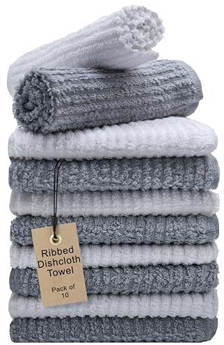 Textila Bar Mop Towels 12x12 Inch – White & Grey – Pack of 10 - Cotton Dish Cloths & Cleaning Towels for Kitchen, Bar, Restaurant, Household Use – Absorbent, Durable, Reusable