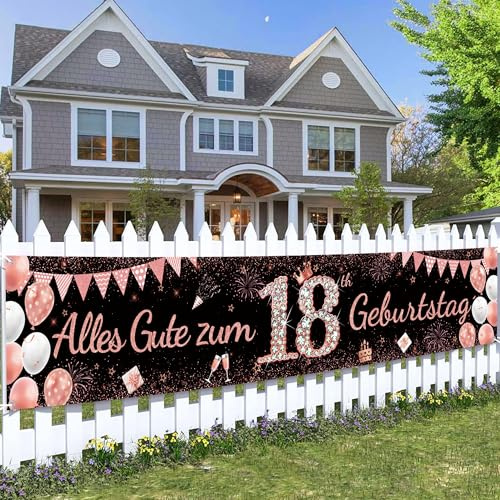 18. Geburtstag Mädchen Banner Roségold Schwarz - Happy Birthday Deko Hintergrundbanner 18 Jahre, XXL 40 × 210 cm Polyester Stoff Geburtstagsbanner für 18 .Geburtstagsfeier