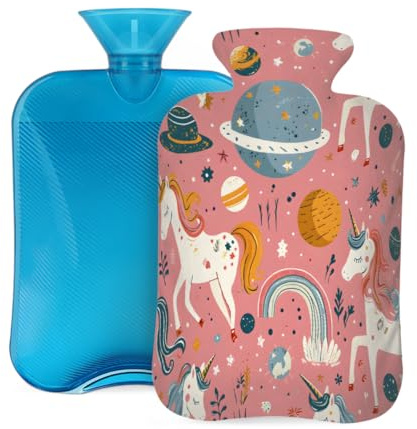 Myfsucce Wärmflasche mit Bezug, Motiv: Einhorn, Planet, Mond, wiederverwendbar, PVC, zur Schmerzlinderung, Krämpfe und Wärme, 2 l, 31 x 20,3 cm