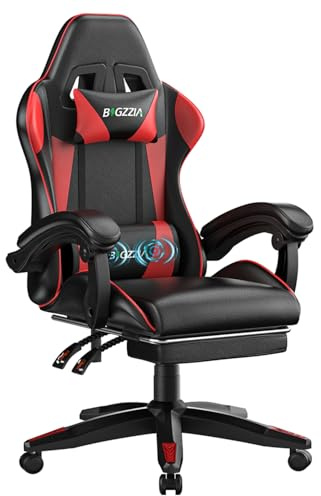 Bigzzia Gaming Chair with Massage Function Gamer Chair with Footrest | Ergonomic tilt 90°-155°, Massage Lumbar Support, Height Adjustment, for Gaming, Work, Relaxation (Red)