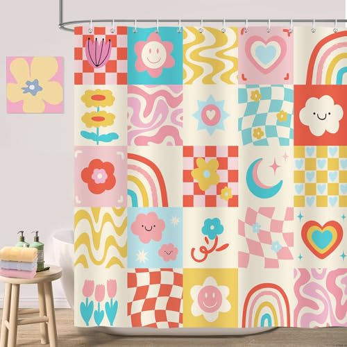 COZZSNUGE Duschvorhang 180 x 180 cm Niedlich Blumen, Abstrakt Kariert Regenbogen Smiley Retro Rosa Duschvorhänge Anti-schimmel Wasserdicht Polyester Stoff Badvorhang mit 12 Duschvorhangringen