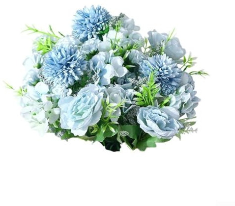 Flores decorativas de seda, paquete de 4 peonías artificiales y hortensias para bodas y decoración del hogar (azul)