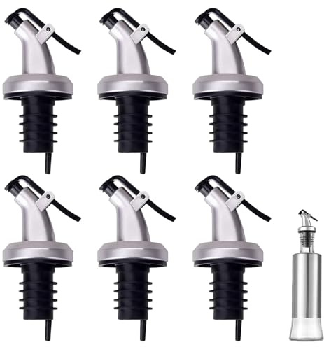 QBDIANGEN Beccuccio per olio, tappo per bottiglia di olio d'oliva, dispenser con cappuccio, curvo, a prova di perdite, per olio, aceto, salsa di soia, vino, bottiglia di liquori (6 pezzi, argento)