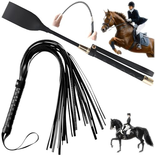 Seutmrou 2 Cravache, Fouet Cuir, Fouet d'Entraînement, Cravache d'équitation Noire avec poignée antidérapante et Cordon, pour l'entraînement équestre Quotidien, Accessoires de Jeu de rôle de fête