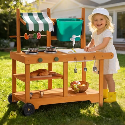 ROBOTIME Mud Kitchen with Rolling Wheels and Fabric Awning for Kids 3+ | Wooden Toy Kitchen with Push Handle, Grill, Blackboard, Storage and Real Water Sink for Pretend Play Cooking, Gift