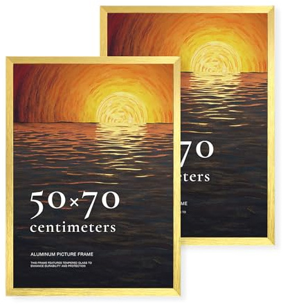 LIVINGTASTE 2 Stück Bilderrahmen 50×70 cm - Aluminium Gold Rahmen | gebürstet mit gehärtetem Glas Fotos Großer Fotorahmen für Poster und Wohnzimmer Kinderzimmer Deko Galerie
