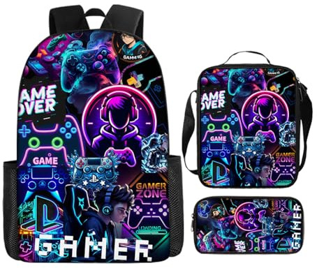 Onperpoe 3 PCS Gaming Backpack Set, Waterproof Boys School Bag Gaming Pencil Case with Crossbody Bag, Gamer Backpack for School Boys Cool Gifts Rucksack Set