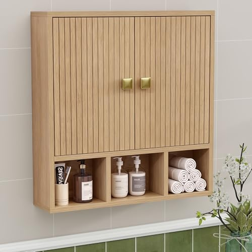 Armario colgante para baño, armario de baño colgante, armario medicinal, armario de dos puertas, armario de madera para baño, armario de baño con estantes ajustables y compartimentos abiertos, 13 x 56