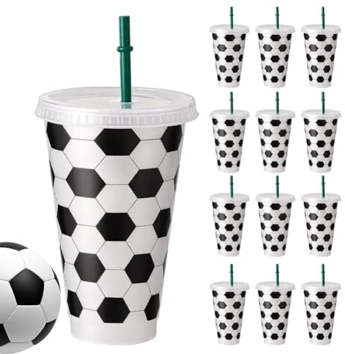 CEWROM 12er-Set Fußball Becher 710ml mit Deckel und Strohhalm, Mehrweg-Plastic-Tumbler für Partys, Smoothies und Travel, BPA-frei & Spülmaschinen-geeignet, Kindersicher