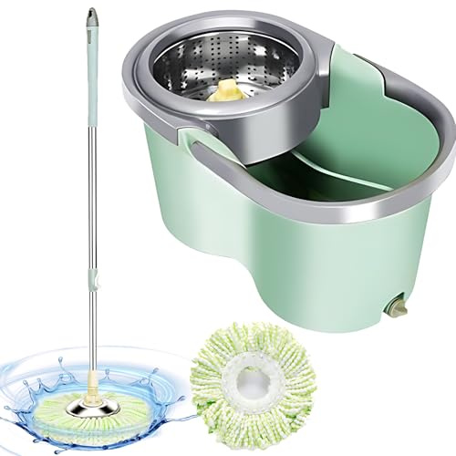 Trapeador Giratorio y Cubo con Juego de escurridor, Mango de Acero Inoxidable, Cabezales de Microfibra, Cubo de Agua Sucia Separado de Gran Capacidad para Limpieza de Pisos del
