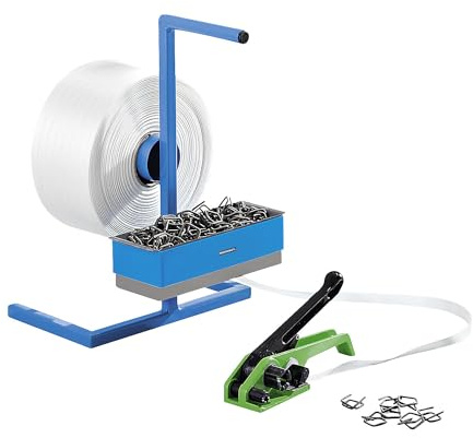 EUROKRAFT | Kit de cerclage | feuillard en PETP tissé | tendeur | dérouleur de bobine portable | boucles métalliques | feuillard | largeur feuillard 16 mm