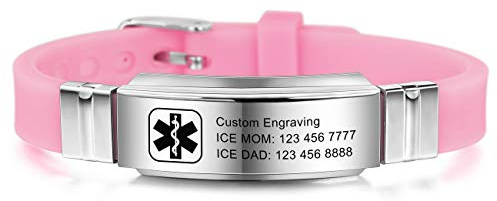MOWOM Medical Braccialetto Personalizzato con Incisione in Silicone identificativo Regolabile per Uomo Donna Bambini in Acciaio Inossidabile Gomma- (Pacchetto con Carta di Emergenza, Supporto)