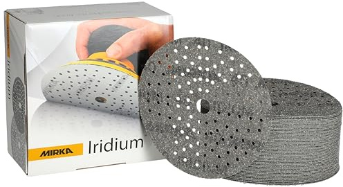 Mirka Iridium papel de lija Premium Ø 150mm cierre adhesivo 121 agujeros | Papel de lija premium grano 40 con cierre adhesivo para madera acero y materiales minerales plásticos 50 piezas