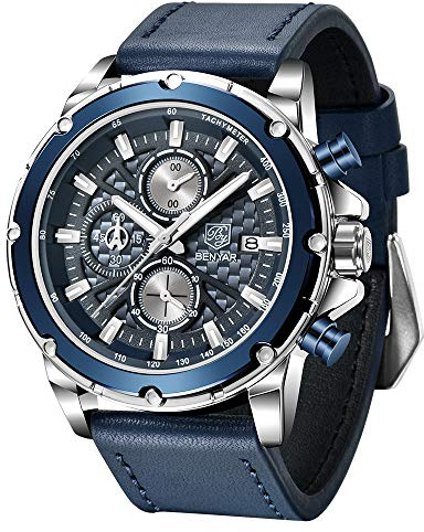 BENYAR Herren Armbanduhr Chronograph Quarzwerk Wasserdicht Armbanduhren für Männer mit Lederband Mode-Stil Business Casual, Blau-1, Armband