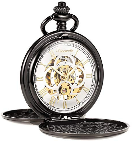 TREEWETO Orologio da tasca unisex, con catena, analogico, a carica manuale, con doppia cerniera, cifre stile antico romano, nero