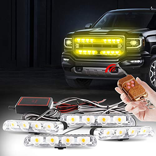 yifengshun - Faros LED 4 en 1 (control remoto inalámbrico, DC12 V, luz estroboscópica, luces DRL, intermitentes magnéticas, emergencia, luces para coche (ámbar)