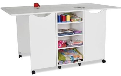 Kangaroo Kookaburra Cutting Table – Large Sewing, Quilting & Craft Workstation with Expandable 70” x 40” Surface, Storage Drawers, Shelves & Rolling Locking Casters, Ash White Finish