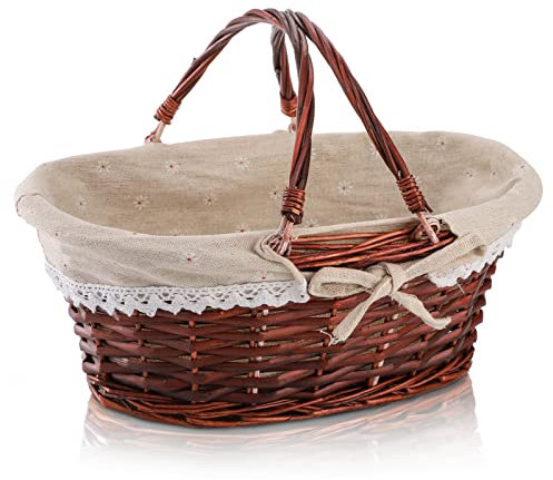 Dicunoy Wicker Basket with Handle, Empty Gift Hamper Basket, Easter Baskets with Liner, Woodchip Organizer Storage for Fruit, Candy, Wine, Egg Gathering, Wedding, 33cm L x 24cm W x 12cm H