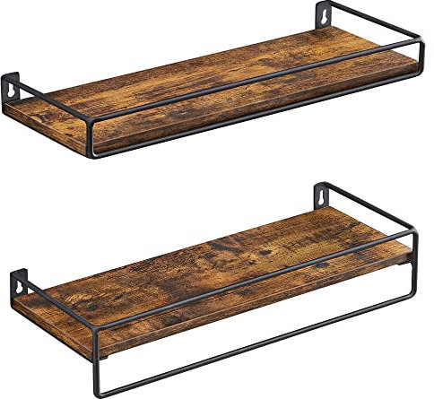 VASAGLE Gewürzregal, 2er Set, Küchenregal, Schweberegal mit Stange, Wandboard, Aufbewahrung, an der Wand, für Küche, Schlafzimmer, Wohnzimmer, vintagebraun-schwarz LWS441B01