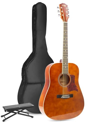 MAX SoloJam Westerngitarre, Akustik Gitarre Set, Acoustic Guitar, Akustikgitarre 4/4 mit Tasche, Fußstütze, Plektrum, Stimmgerät, Schultergurt, Stahlsaiten, Anfängergitarre - Holzbraun