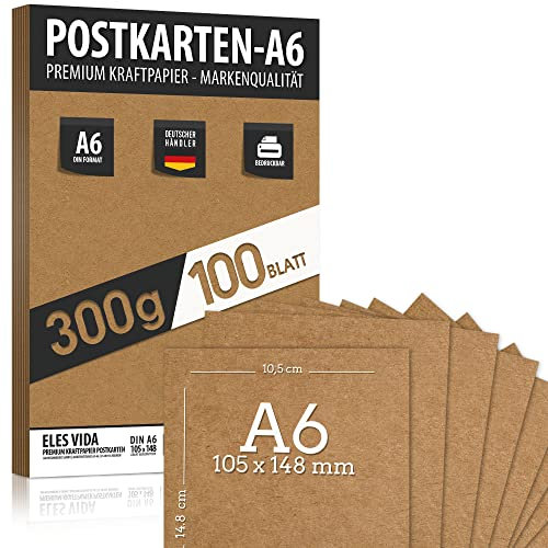 Blanko Kraftpapier Postkarten zum bedrucken - DIY DIN A6 Set - 300g - 10,5 x 14,8 cm - 100 Stück - Pappe Blätter aus Kraftkarton zum Drucken Kartonpapier Basteln für Hochzeit Geschenke Kreativ Zubehör