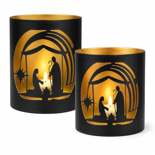 Windlichter Weihnachten 2er Set Metall – Krippenszene mit Maria, Josef & Jesuskind – Schwarz Gold – Ø 10/9cm, Höhe 14/10cm – Weihnachtsdeko (Jesu Geburt schwarz & Gold 2er Set)